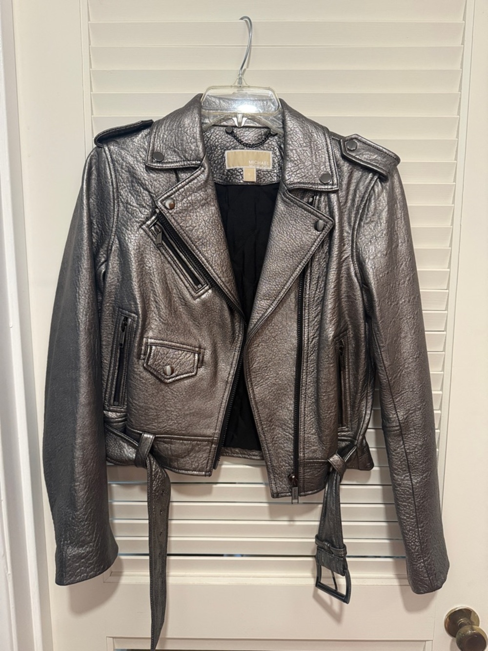 Michael Kors Metallic Gunmetal Leather Moto Jacket